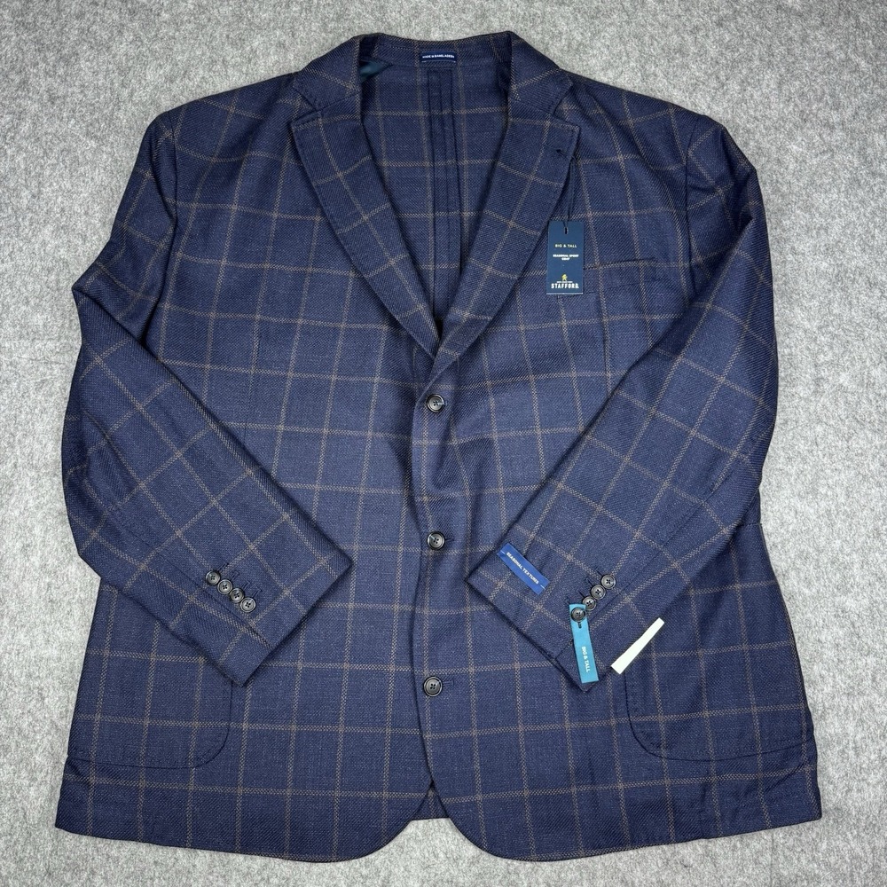 Stafford NWT Blazer Windowpane Blue Mens 56R Wool Blend Lightweight $220 MSRP